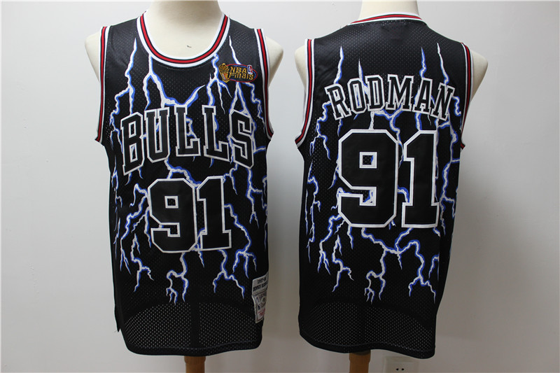 Bulls 91 Dennis Rodman Black Hardwood Classics Lightning Limited Edition Jersey