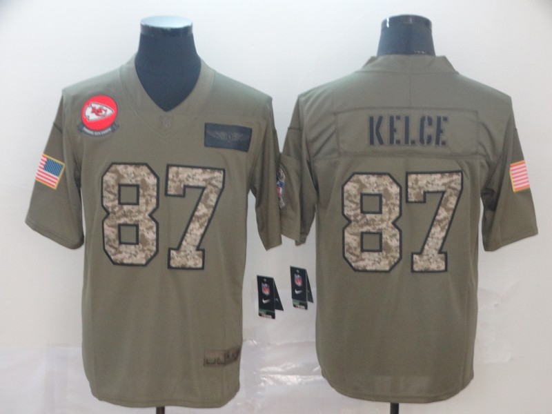Nike Chiefs 87 Travis Kelce 2019 Olive Camo Salute To Service Limited Jersey