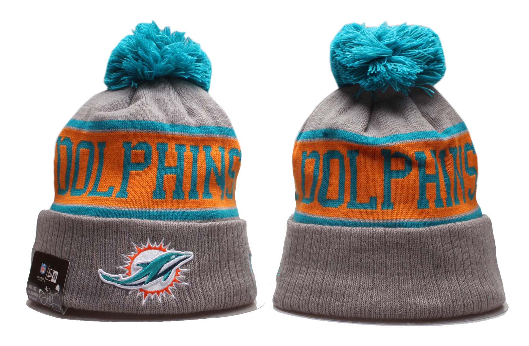 Dolphins Team Logo Gray Pom Knit Hat YP