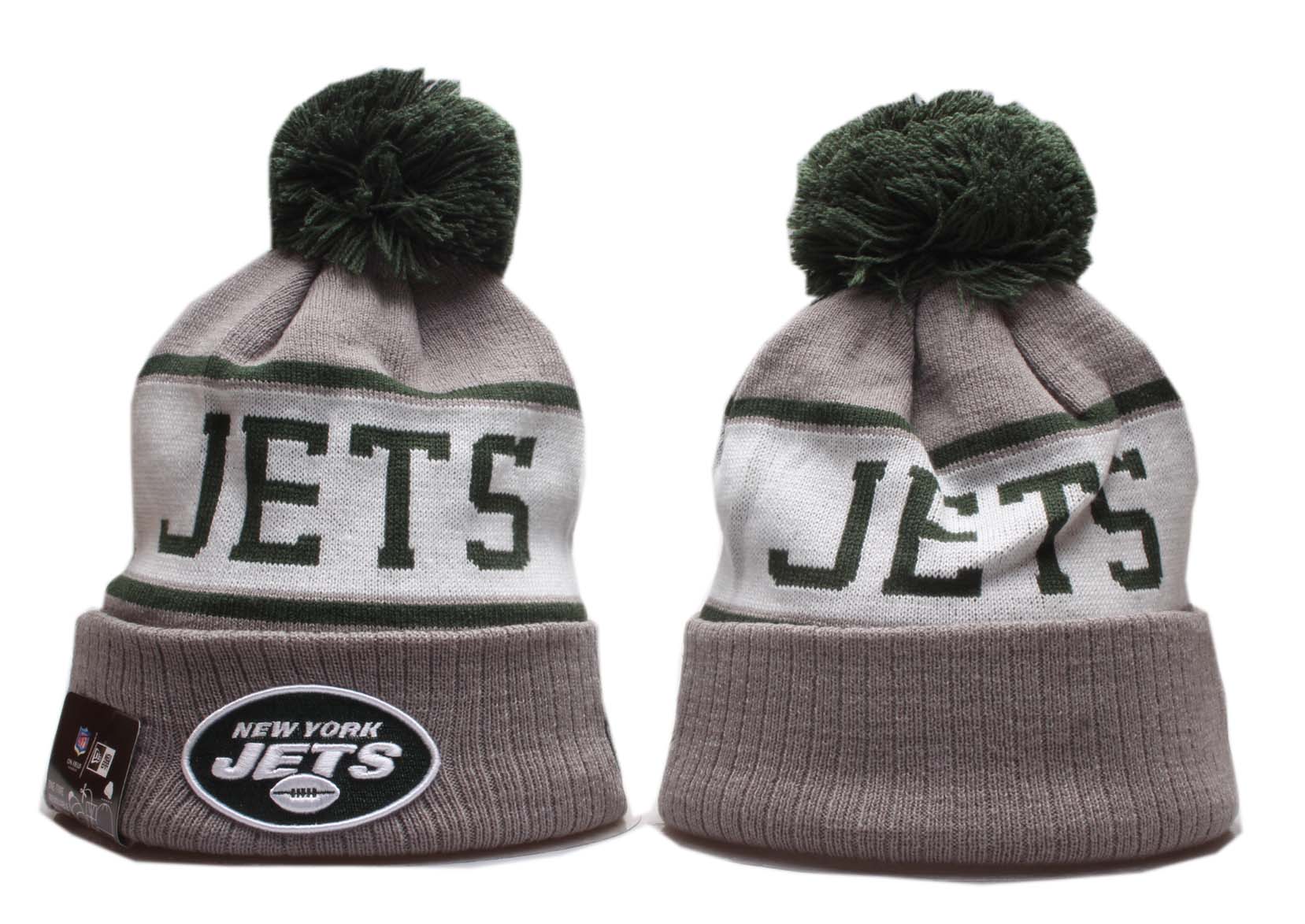 Jets Team Logo Gray White Pom Knit Hat YP
