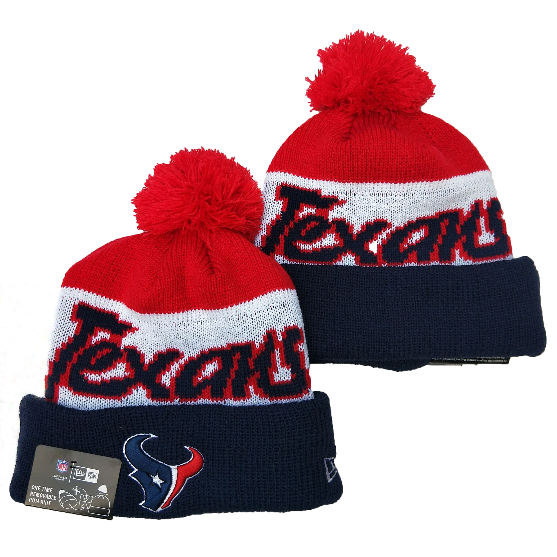 Texans Team Logo Red White Navy Pom Knit Hat YD