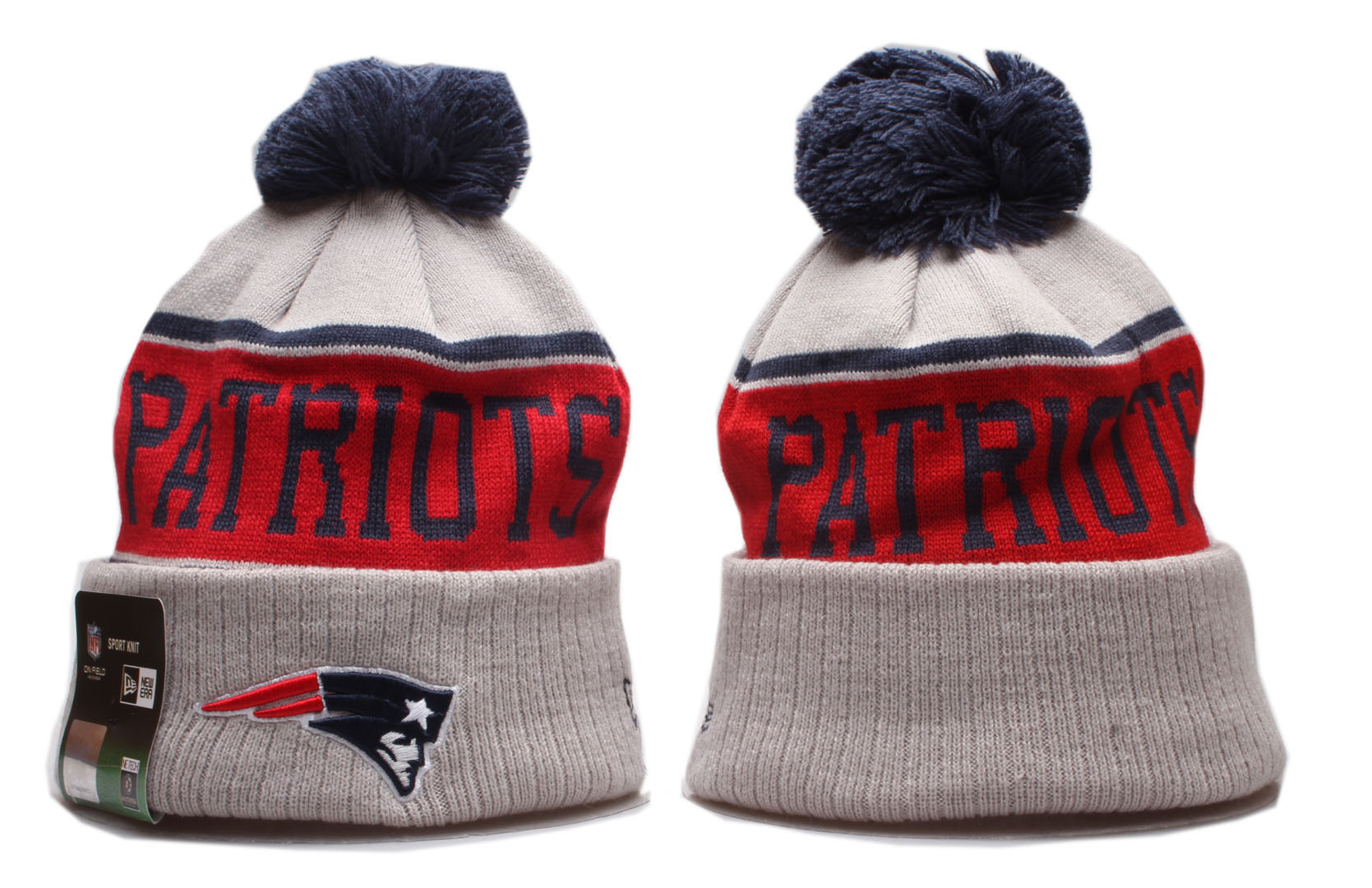 Patriots Team Logo Gray Red Wordmark Cuffed Pom Knit Hat YP