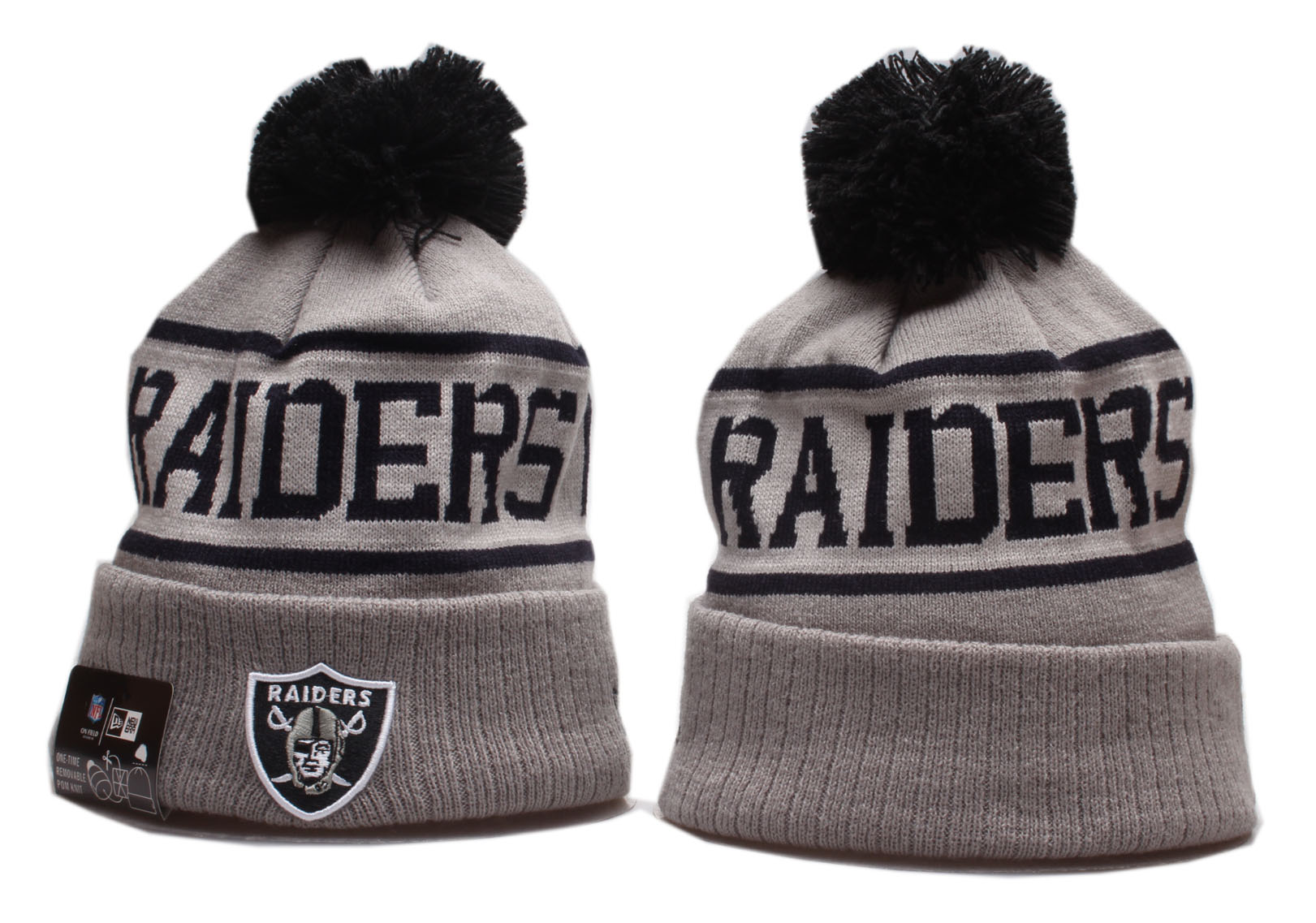 Raiders Team Logo Gray Wordmark Cuffed Pom Knit Hat YP
