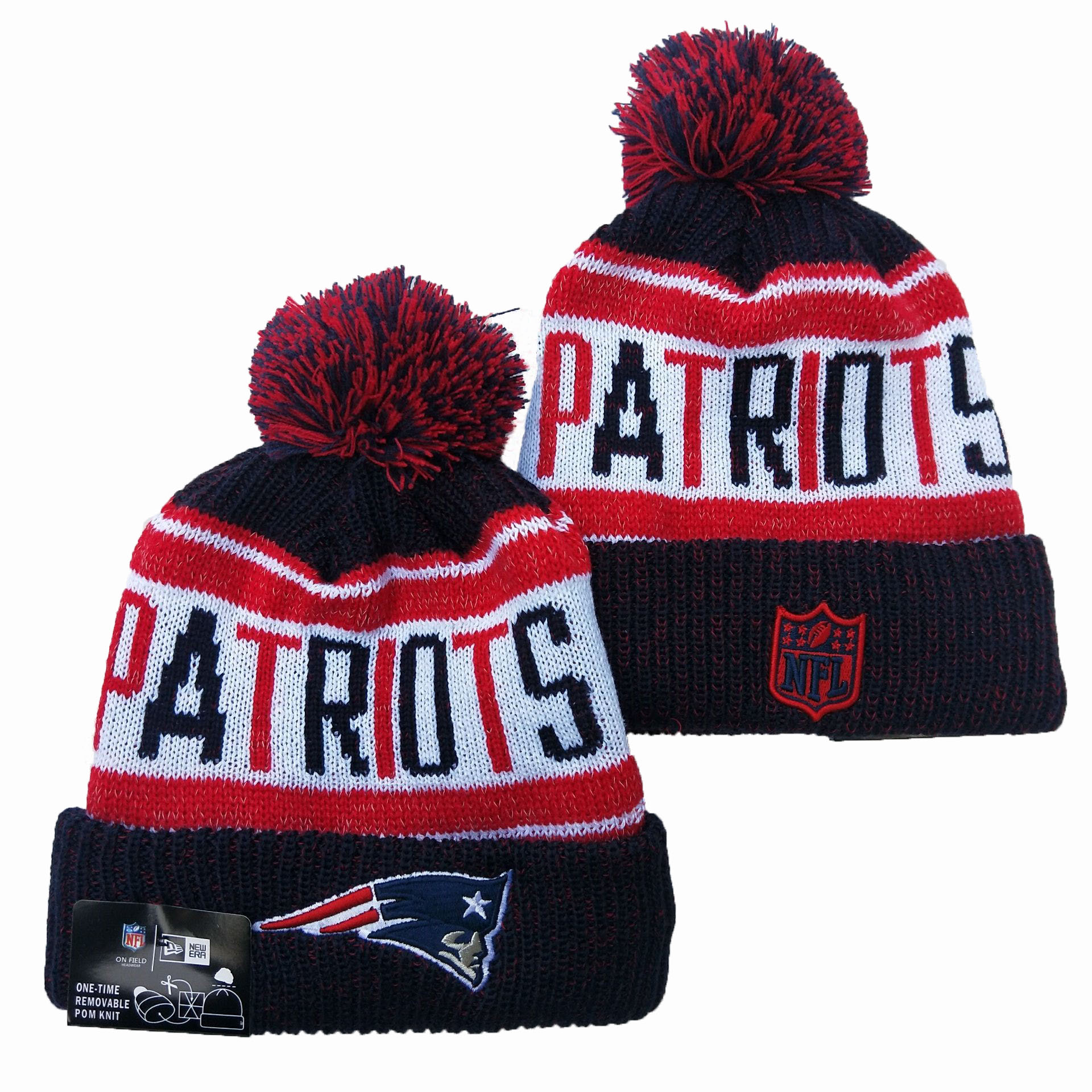 Patriots Team Logo Red Navy Pom Knit Hat YD