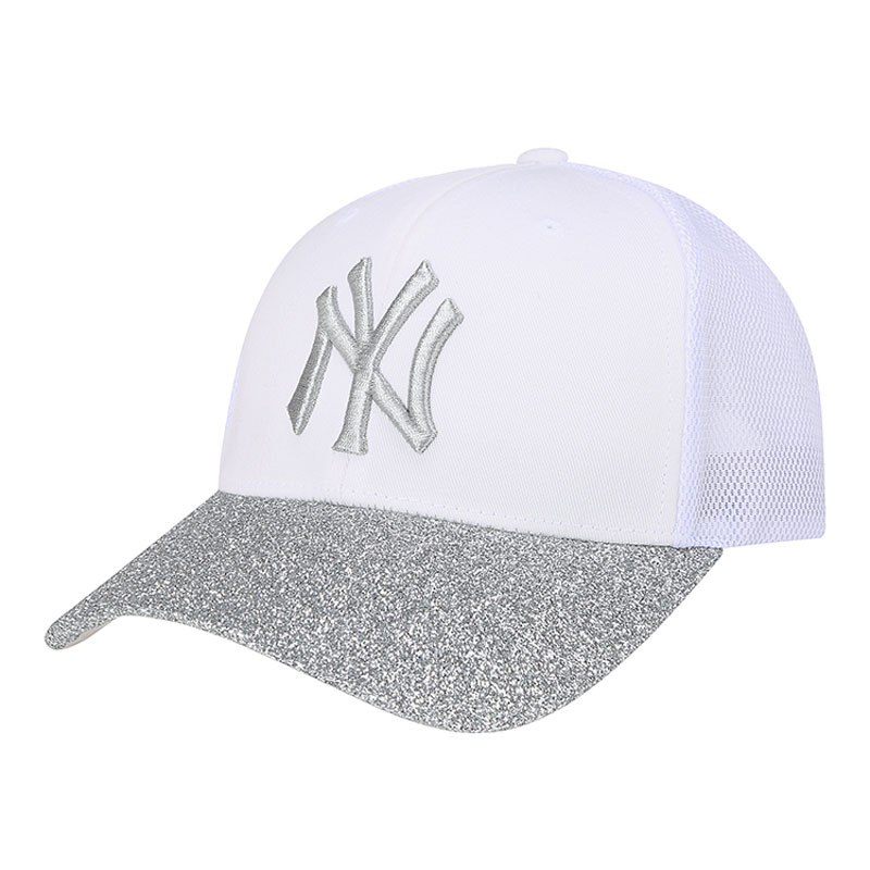 Yankees Fresh Logo Sliver Sequin White Peaked Adjustable Hat TX