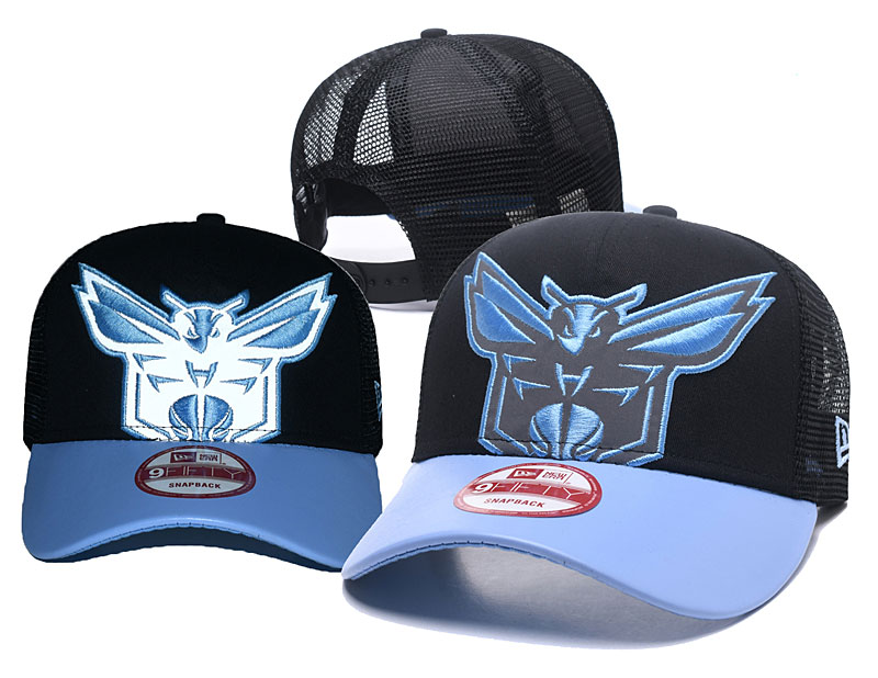 Hornets Team Logo Black Blue Hollow Carved Peaked Adjustable Hat GS