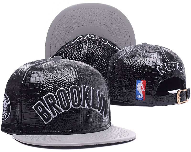 Nets Team Logo Black Leather Gray Adjustable Hat GS
