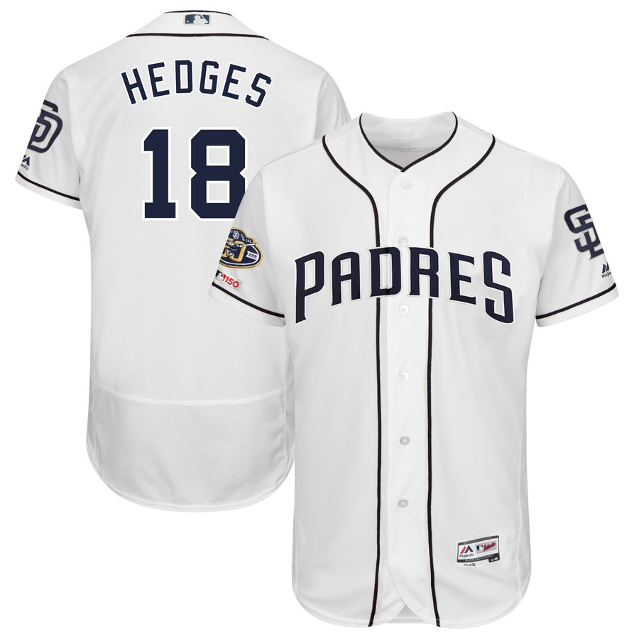 Padres 18 Austin Hedges White 50th Anniversary and 150th Patch FlexBase Jersey