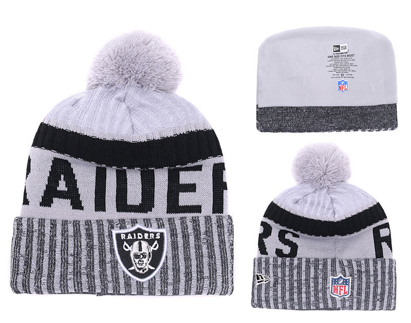 Raiders Fresh Logo White Black Cuffed Pom Knit Hat YD