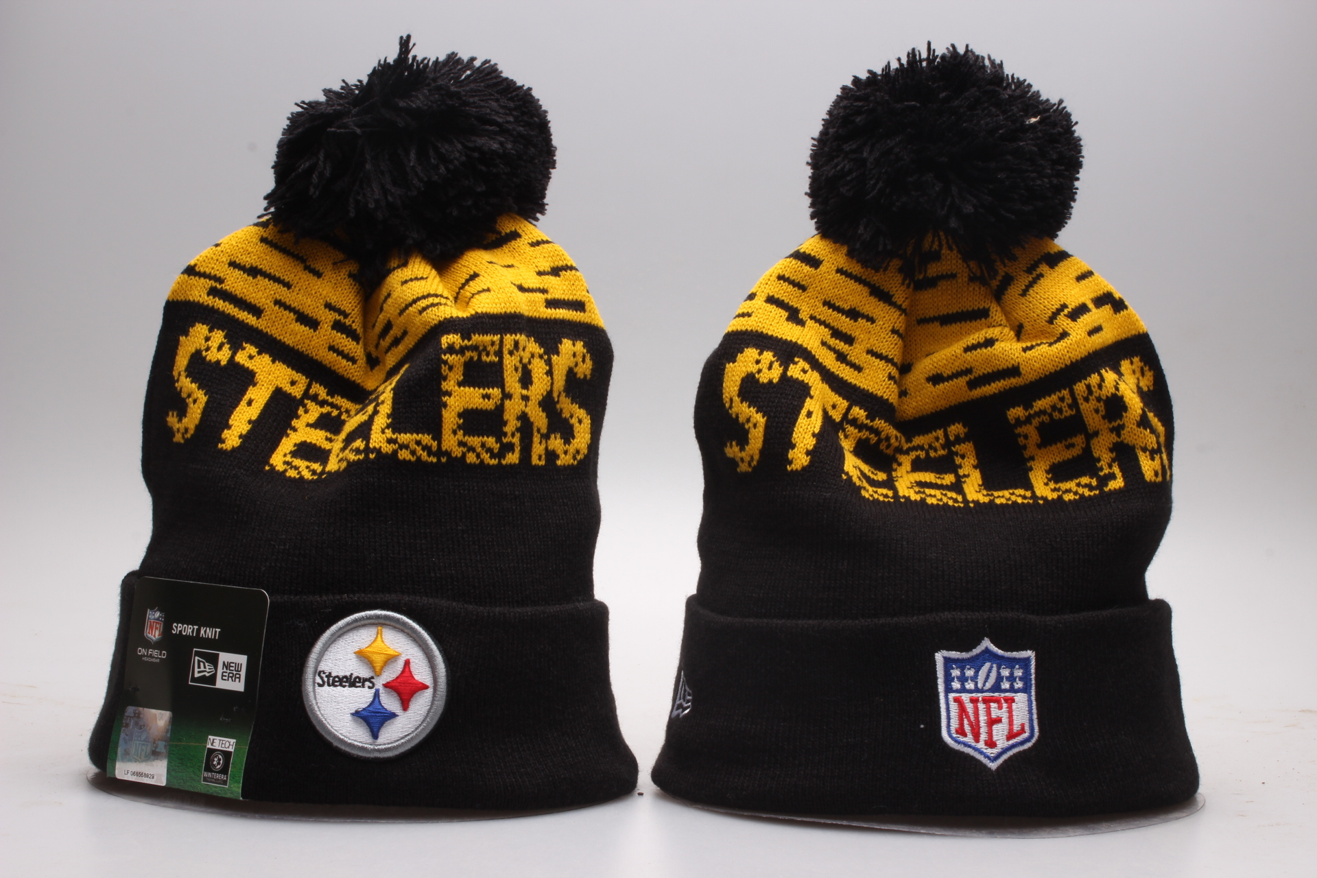 Steelers Team Logo Yellow Black Wordmark Cuffed Pom Knit Hat YP