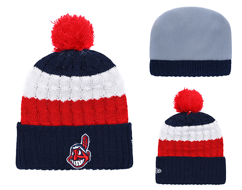 Indians Team Logo Navy Red Cuffed Knit Hat With Pom YD