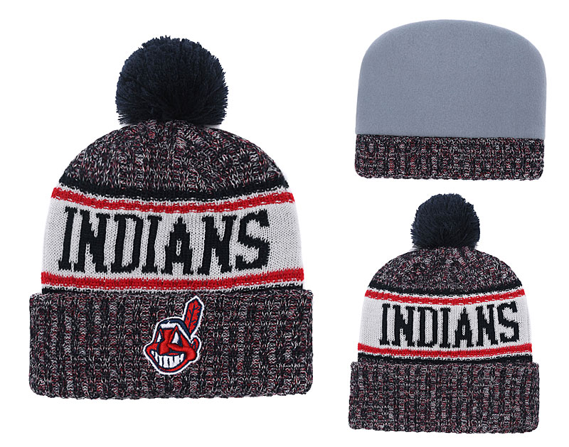 Indians Team Logo Red White Cuffed Knit Hat With Pom YD