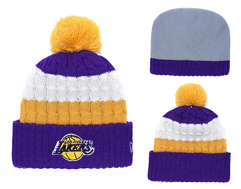 Lakers Fresh Logo Yellow Purple Pom Knit Hat YD