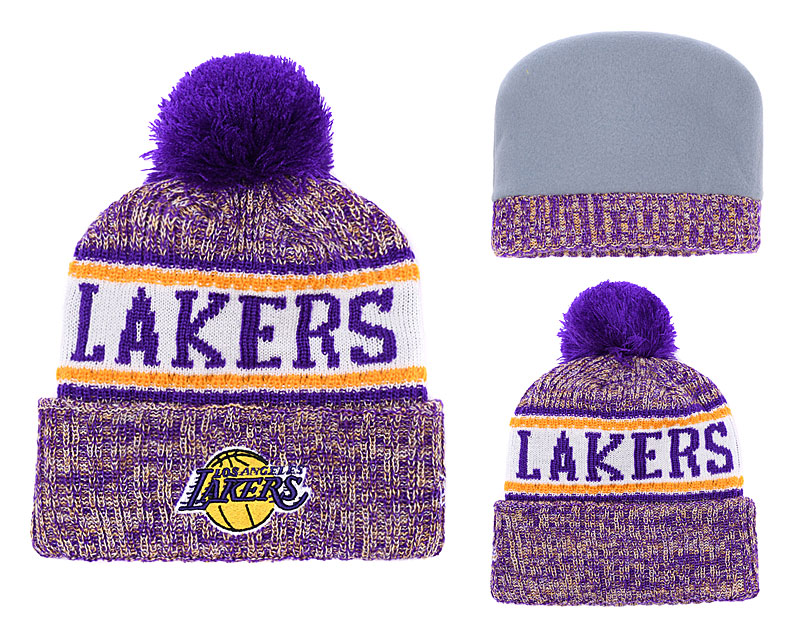 Lakers Purple Banner Block Cuffed Pom Knit Hat YD
