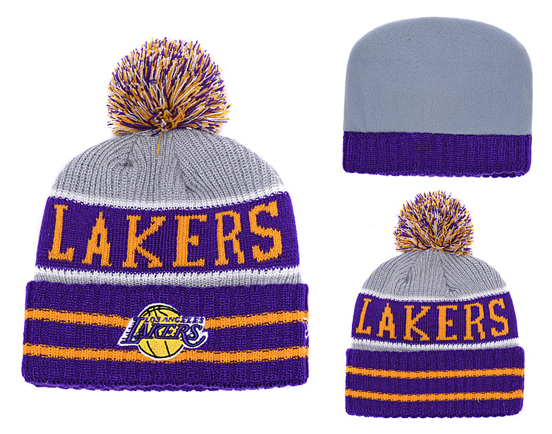 Lakers Team Logo Gray Purple With Pom Knit Hat YD