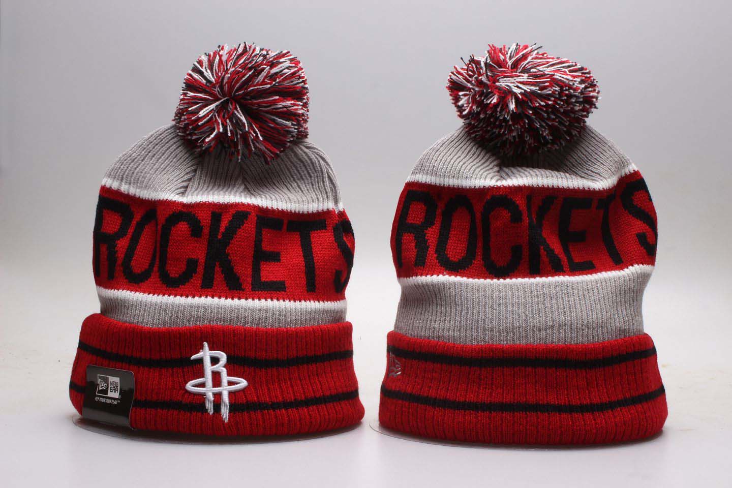 Rockets Red Banner Block Cuffed Pom Knit Hat YP