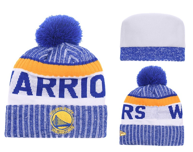 Warriors Royal White Banner Block Cuffed Knit Hat With Pom YD