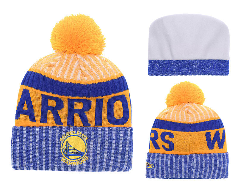 Warriors Royal Yellow Banner Block Cuffed Knit Hat With Pom YD