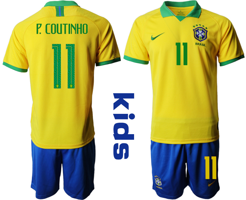 2019-20 Brazil 11 P. COUTINHO Youth Home Soccer Jersey