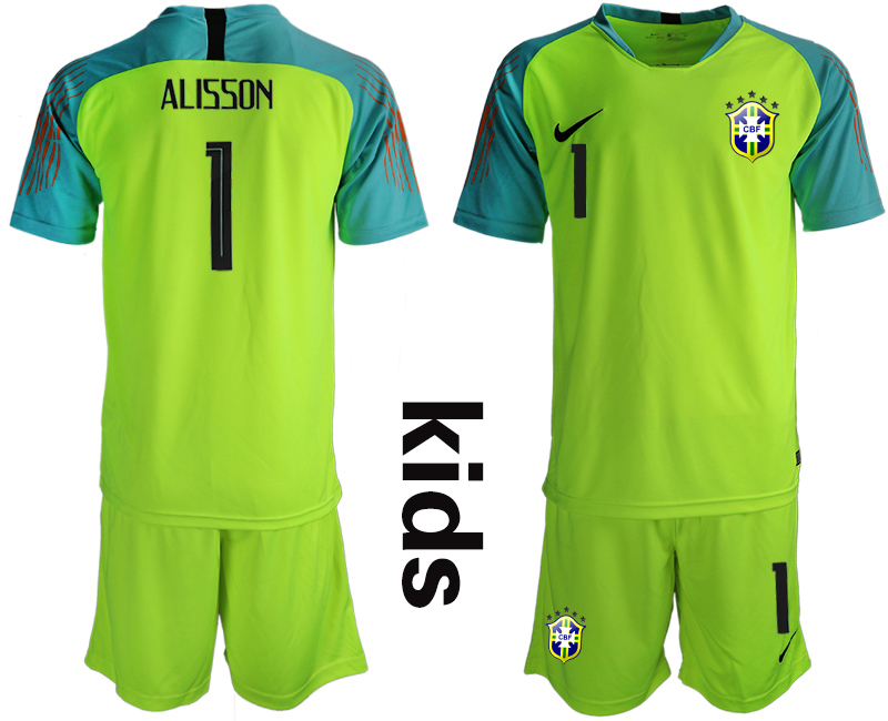 2019-20 Brazil Fluorescent Green 1 ALISSON Youth Goalkeeper Soccer Jersey