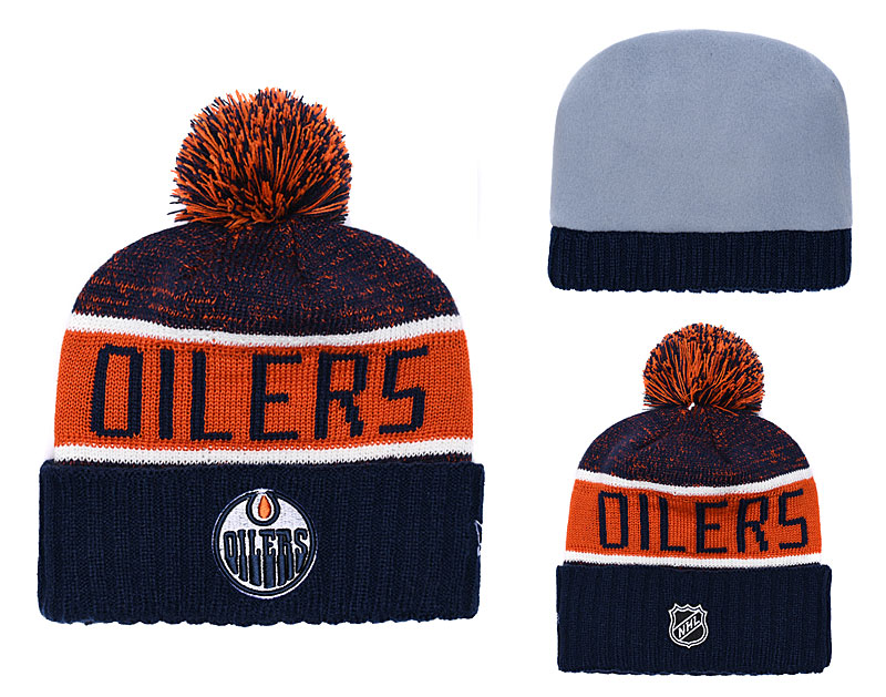 Oilers Fresh Logo Navy Orange Pom Knit Hat YD