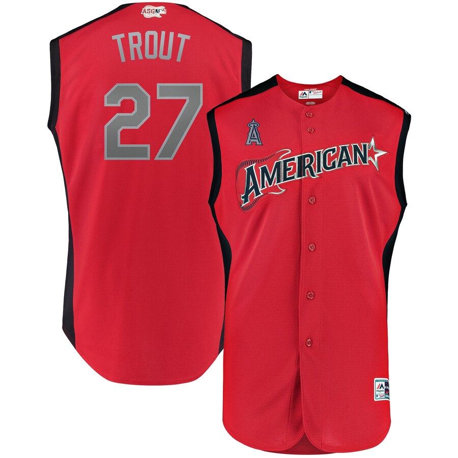 American League 27 Mike Trout Red 2019 MLB All-Star Game Workout Player Jersey