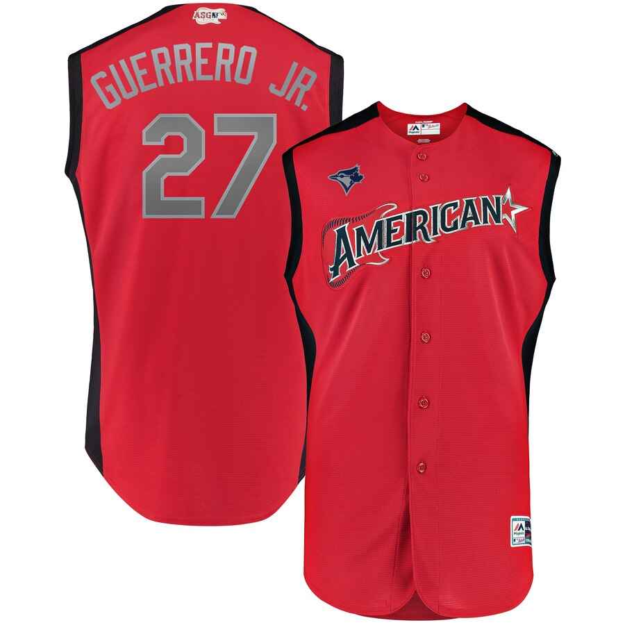 American League 27 Vladimir Guerrero Jr. Red 2019 MLB All-Star Game Workout Player Jersey