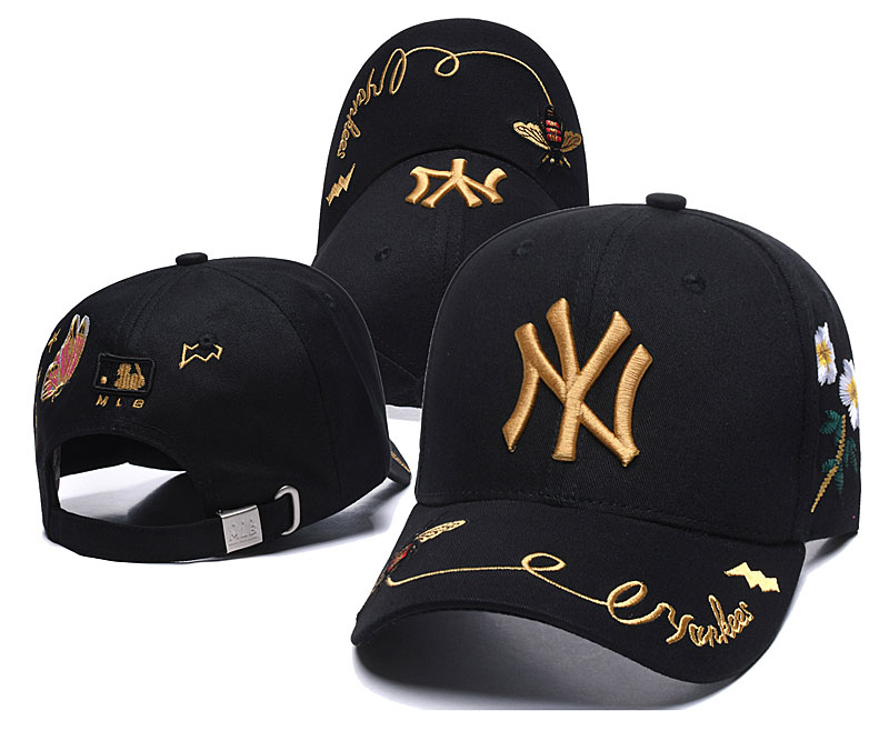 Yankees Fresh Logo Black With Flower Peaked Adjustable Hat SG