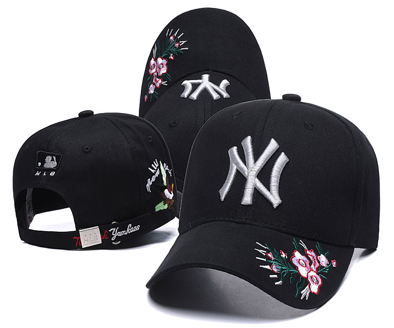Yankees Team Logo Black With Flower Peaked Adjustable Hat SG