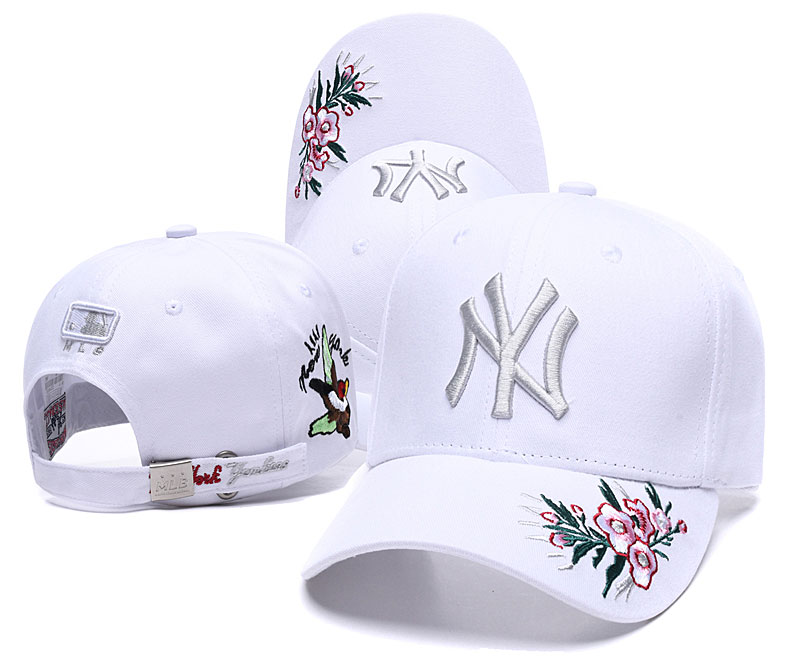 Yankees Team Logo White With Flower Peaked Adjustable Hat SG
