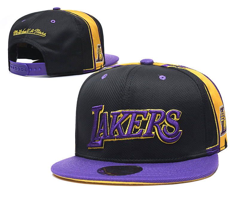Lakers Team Logo Black Purple Mitchell & Ness Adjustable Hat TX