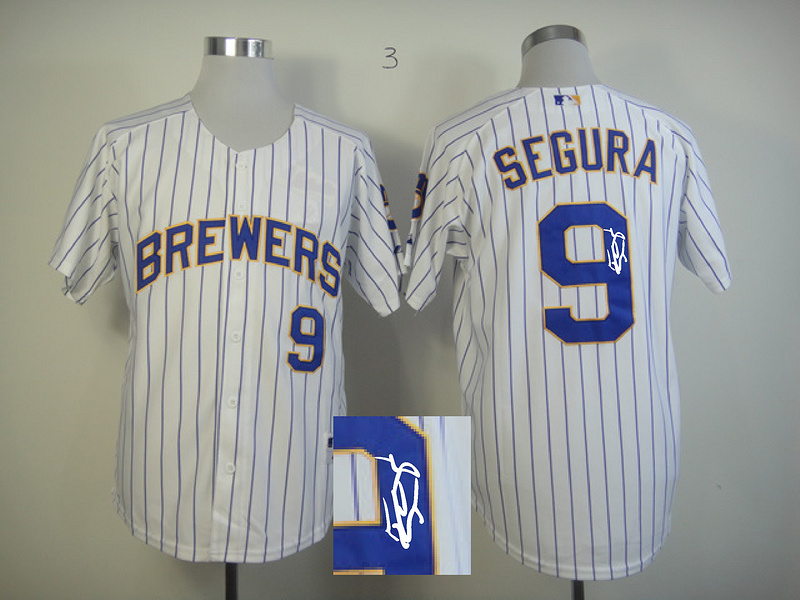 Brewers 9 Segura White Blue Stripe Signature Edition Jerseys