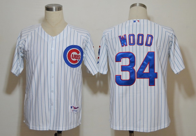 Chicago Cubs 34 Wood White(blue strip) Jerseys