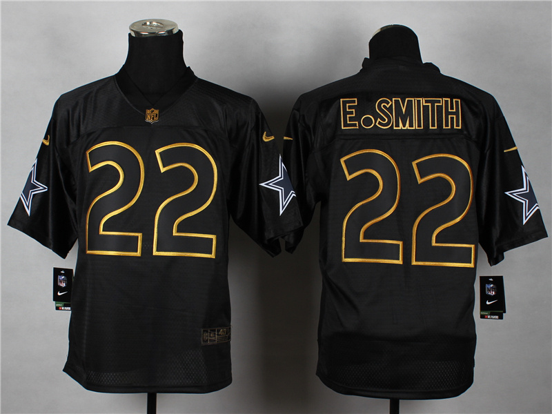 Nike Cowboys 22 E.Smith Black Gold Lettering Elite Jersey