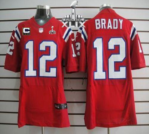 Nike Patriots 12 Brady Red Elite C Patch 2015 Super Bowl XLIX Jerseys