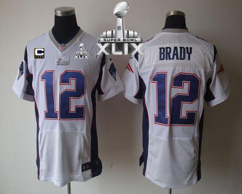 Nike Patriots 12 Brady White Elite C Patch 2015 Super Bowl XLIX Jerseys