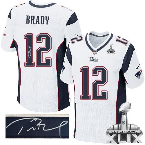 Nike Patriots 12 Brady White Elite Signature Edition 2015 Super Bowl XLIX Jerseys