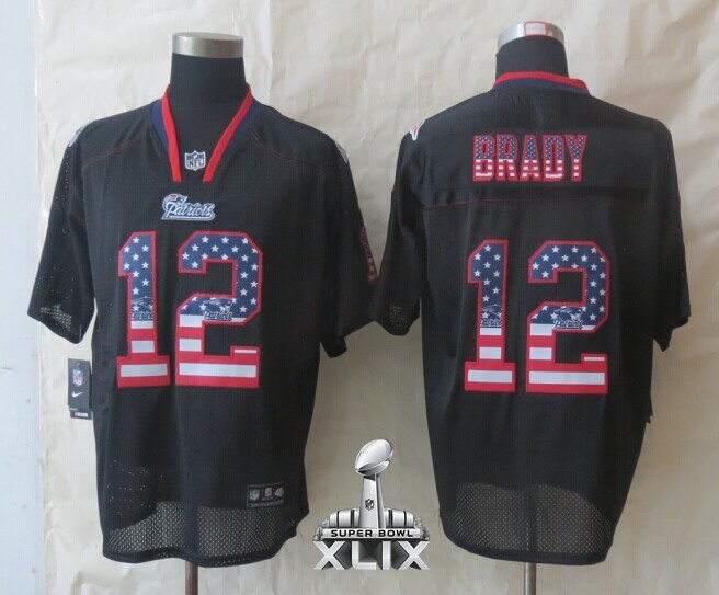 Nike Patriots 12 Brady USA Flag Fashion Black Elite 2015 Super Bowl XLIX Jerseys
