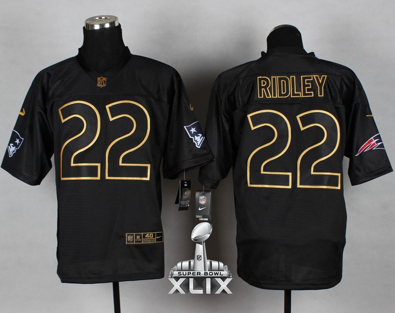 Nike Patriots 22 Ridley Black 2014 Pro Gold Lettering Fashion Elite 2015 Super Bowl XLIX Jerseys