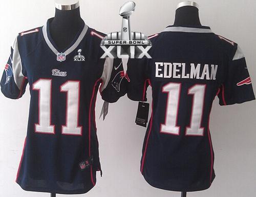Nike Patriots 11 Edelman Blue Women Game 2015 Super Bowl XLIX Jerseys