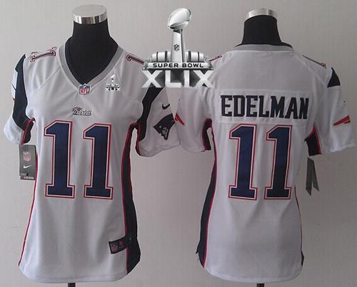 Nike Patriots 11 Edelman White Women Game 2015 Super Bowl XLIX Jerseys