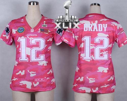 Nike Patriots 12 Brady Pink Camo Women Game 2015 Super Bowl XLIX Jerseys