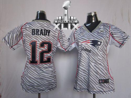 Nike Patriots 12 Brady Zebra Women Game 2015 Super Bowl XLIX Jerseys