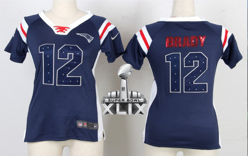 Nike Patriots 12 Brady Blue Sequin Lettering Women 2015 Super Bowl XLIX Jerseys