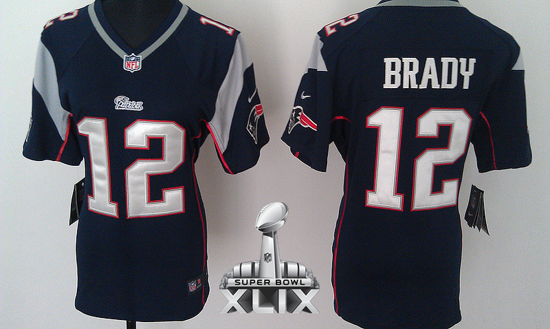 Nike Patriots 12 Brady Blue Women Game 2015 Super Bowl XLIX Jerseys