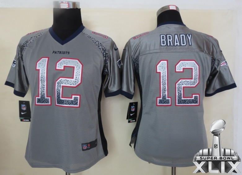 Nike Patriots 12 Brady Grey Women Game Drift 2015 Super Bowl XLIX Jerseys