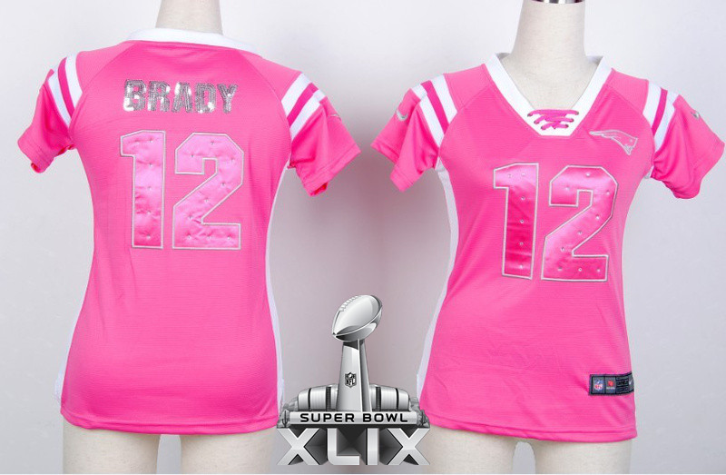 Nike Patriots 12 Brady Pink Women Handwork Sequin lettering 2015 Super Bowl XLIX Jerseys
