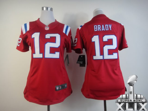 Nike Patriots 12 Brady Red Women Game 2015 Super Bowl XLIX Jerseys