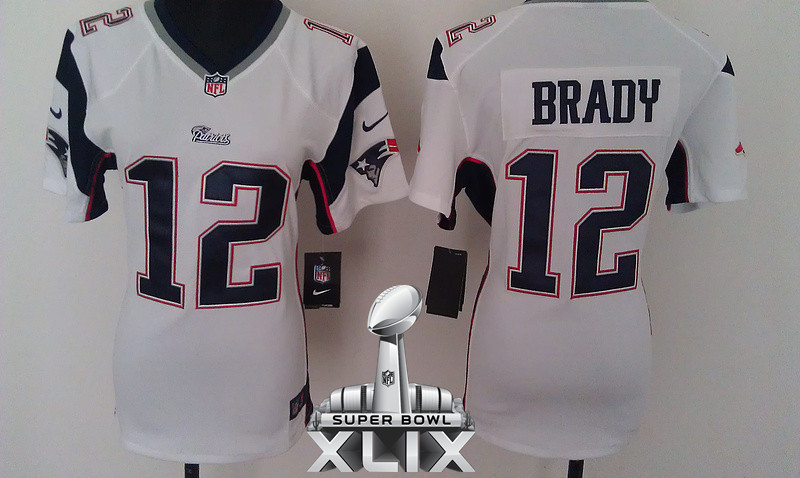 Nike Patriots 12 Brady White Women Game 2015 Super Bowl XLIX Jerseys