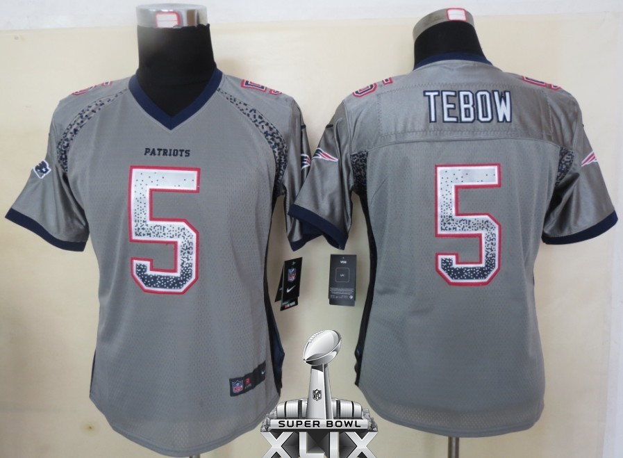 Nike Patriots 5 Tebow Grey Women Game Drift 2015 Super Bowl XLIX Jerseys